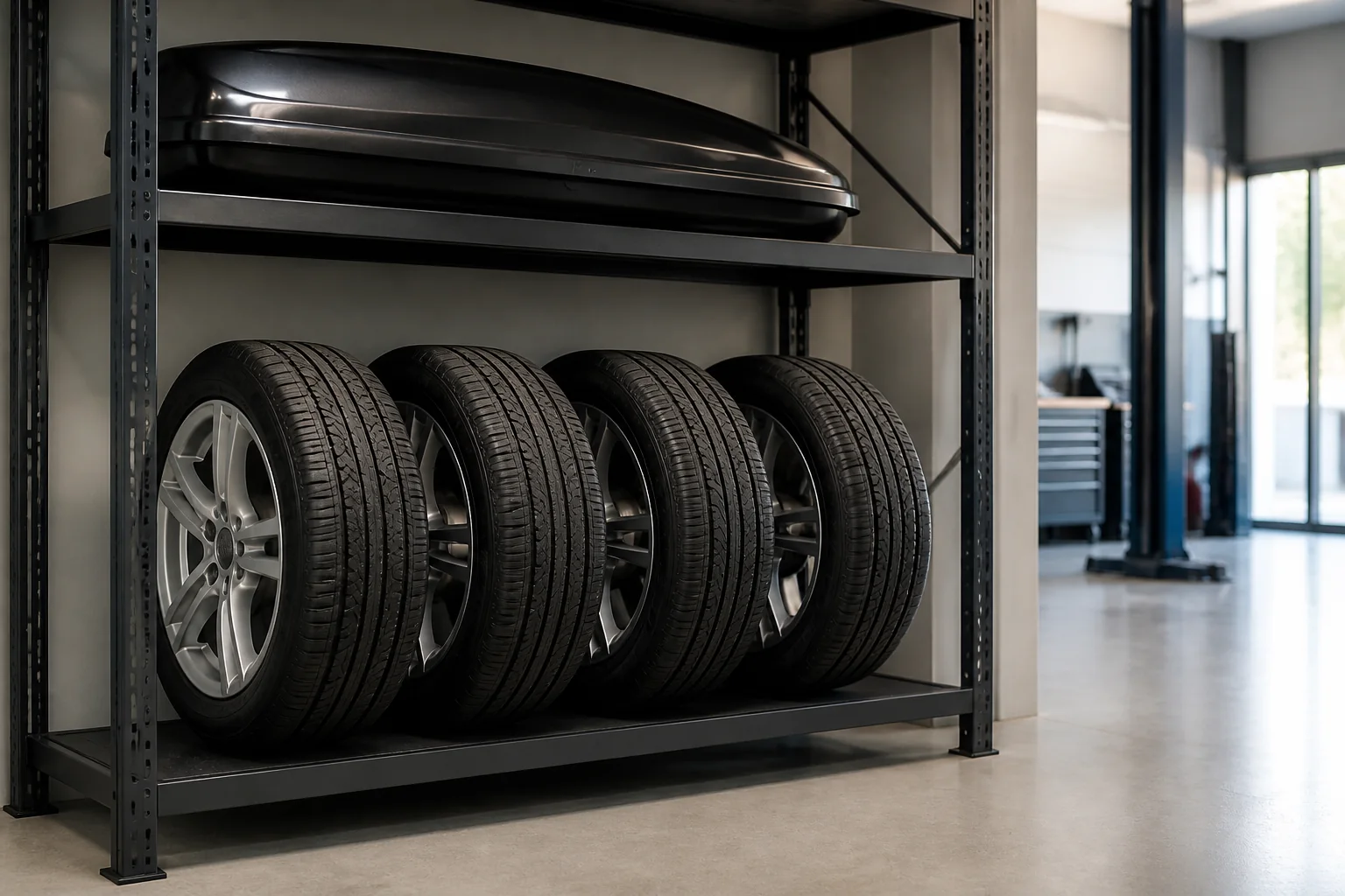 Professionell gelagerte Autoreifen und Dachbox bei TAN Automobile